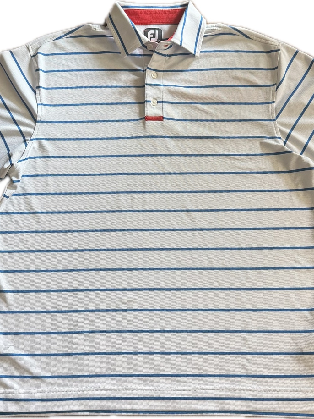 FootJoy Mens L Striped Golf Polo Shirt White Blue Red Performance Stretch FJ